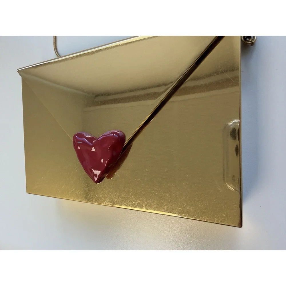 Zara Gold Rigid Clutch Purse Envelope Red Heart Crossbody Luxury Minaudiere